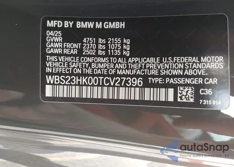 2026 BMW M4 Competition из США, поврежденный, VIN WBS23HK00TCV27396